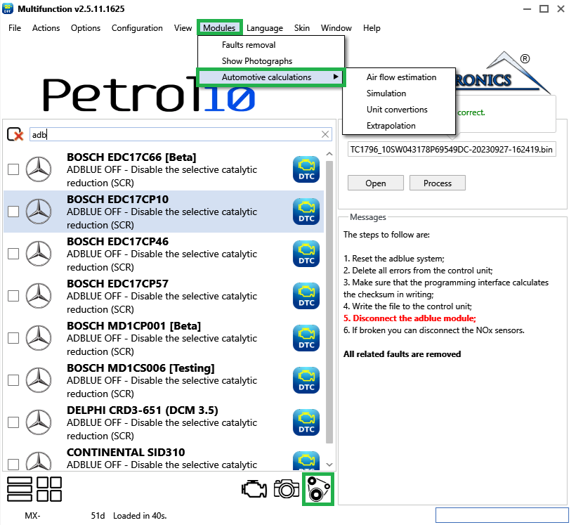 Automotive Calculations menu